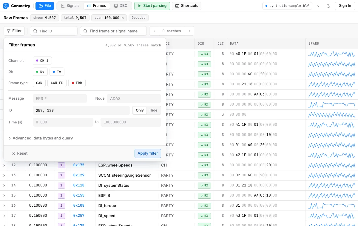 Frame filters: find an ID, channel or byte pattern
