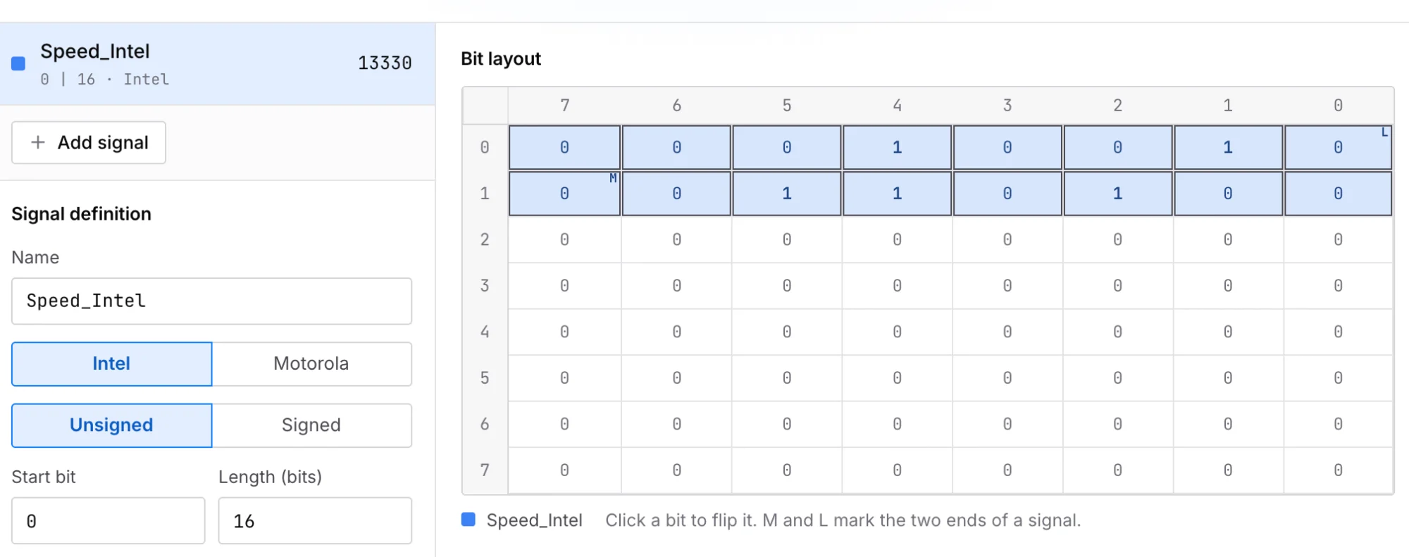 CAN signal calculator bit layout: an Intel signal with start bit 0 and length 16 over the payload 12 34, decoding to 13330, with L at byte 0 bit 0 and M at byte 1 bit 7