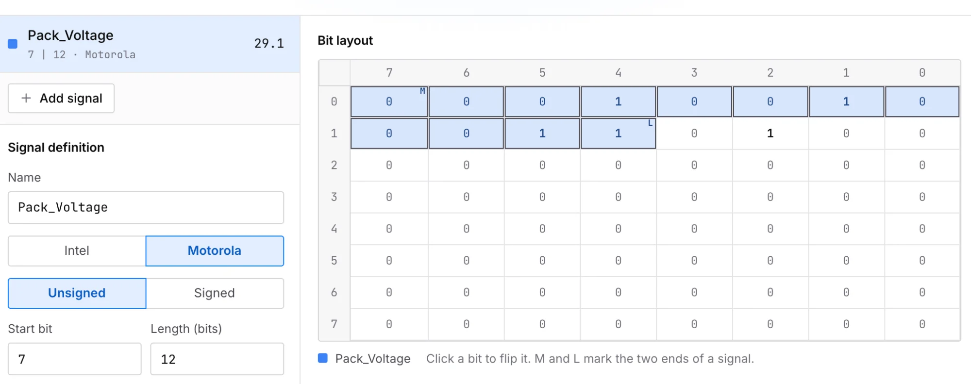 CAN signal calculator bit layout: a 12-bit Motorola signal with start bit 7 over 12 34, covering all of byte 0 and bits 7 to 4 of byte 1, decoding to 29.1