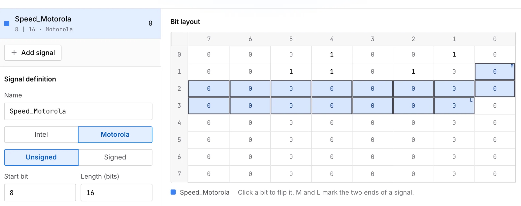 CAN signal calculator bit layout: a Motorola signal with start bit 8 and length 16, starting at byte 1 bit 0 and spanning into bytes 2 and 3, decoding to 0