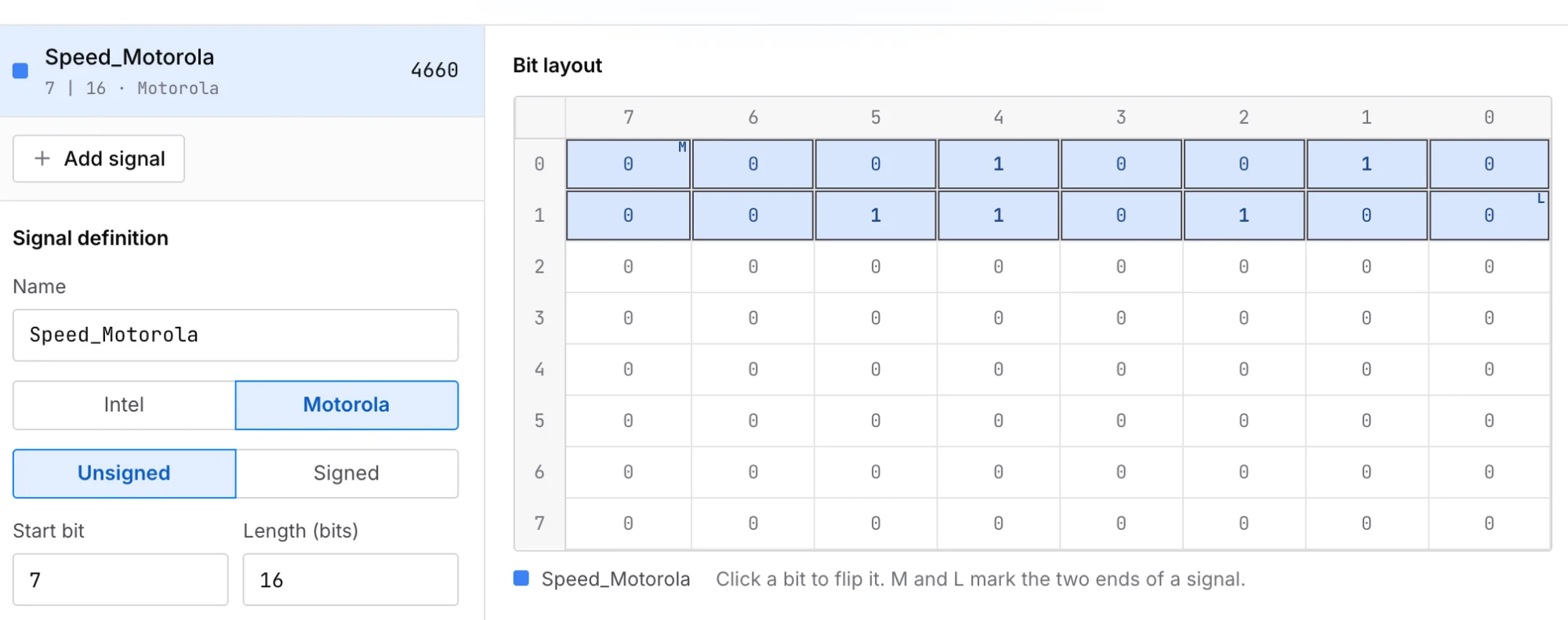 CAN signal calculator bit layout: a Motorola signal with start bit 7 and length 16 over the payload 12 34, decoding to 4660, with M at byte 0 bit 7 and L at byte 1 bit 0