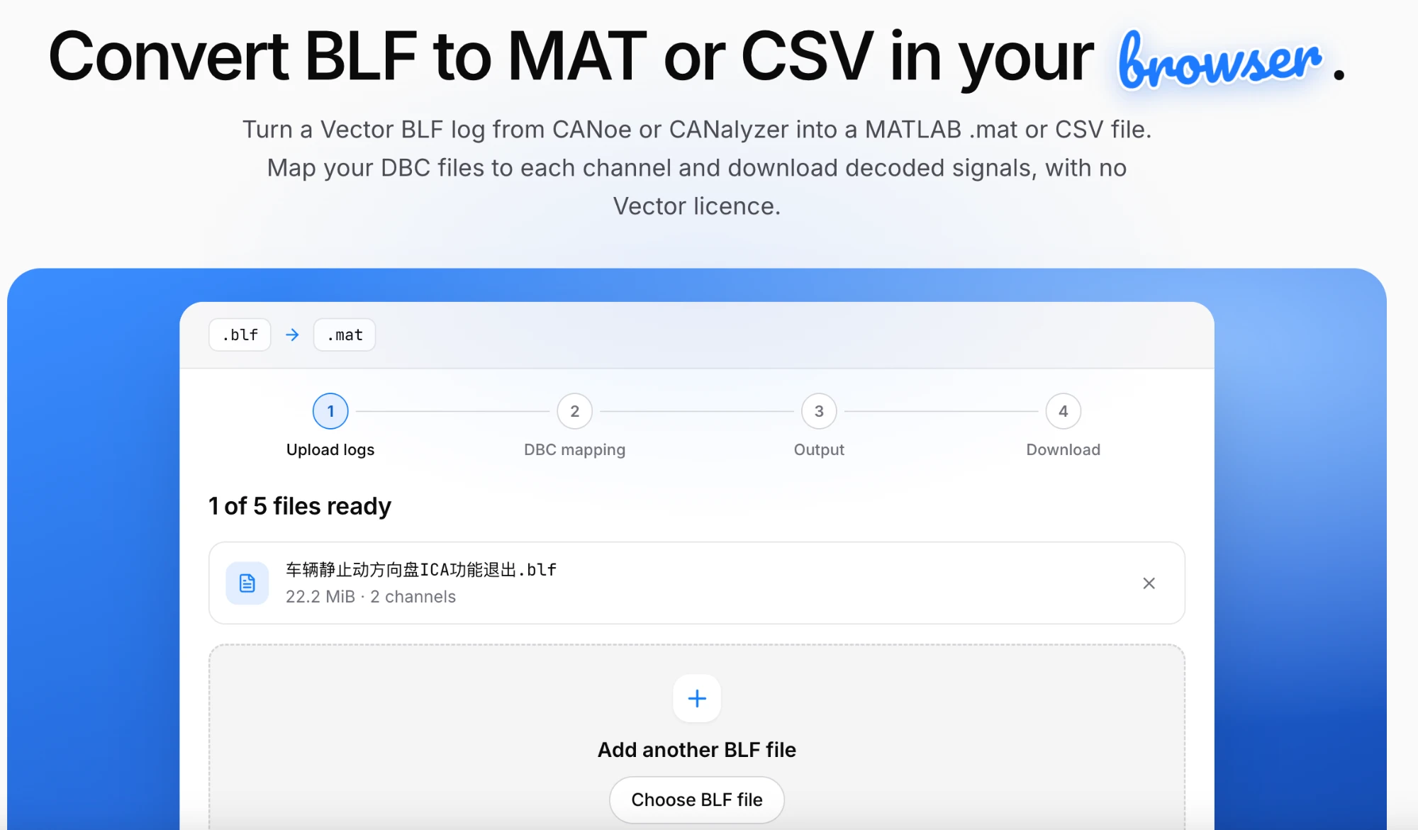 The BLF to MAT and CSV converter at the upload step, with a BLF file loaded and its channel count shown